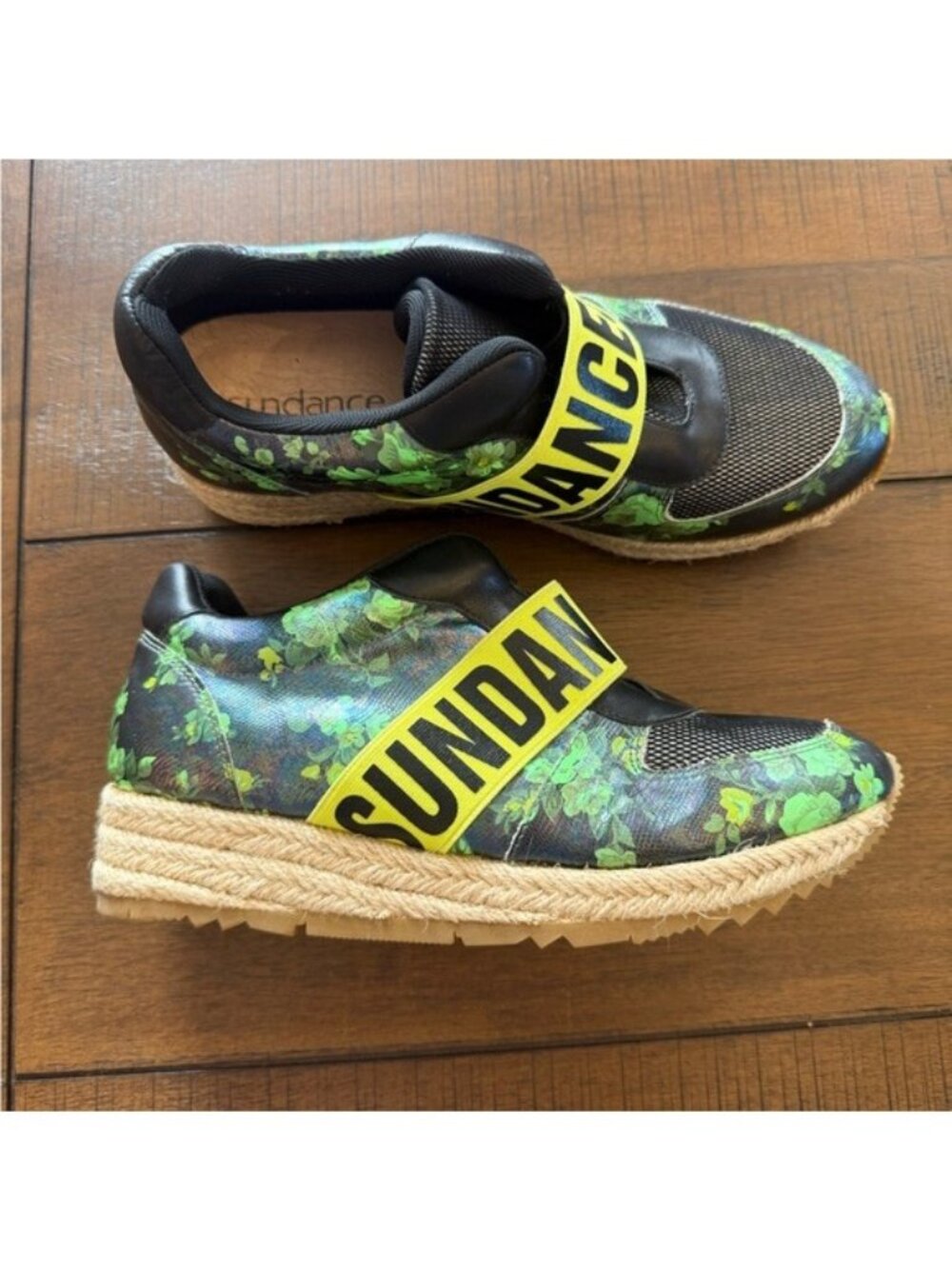 Sundance Floral Espadrille Sneakers Womens Size 5 (230) Black Green Yellow Strap